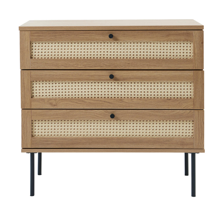 Pensacola-laatikosto, luonnonvärinen tammi. 3-laatikkoisen lipaston laatikoiden etulevyissä on yksityiskohtana polyrottinki. Mustat metallijalat.