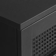 Lähikuvassa on Pensacola-tv-taso, musta. Tason ovissa on yksityiskohtana polyrottinki.