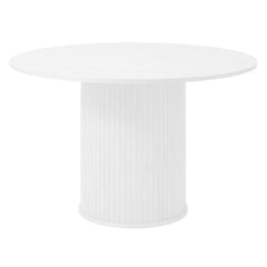 Valkoinen Nola-ruokapöytä, pöytälevyn halkaisija 120 cm.