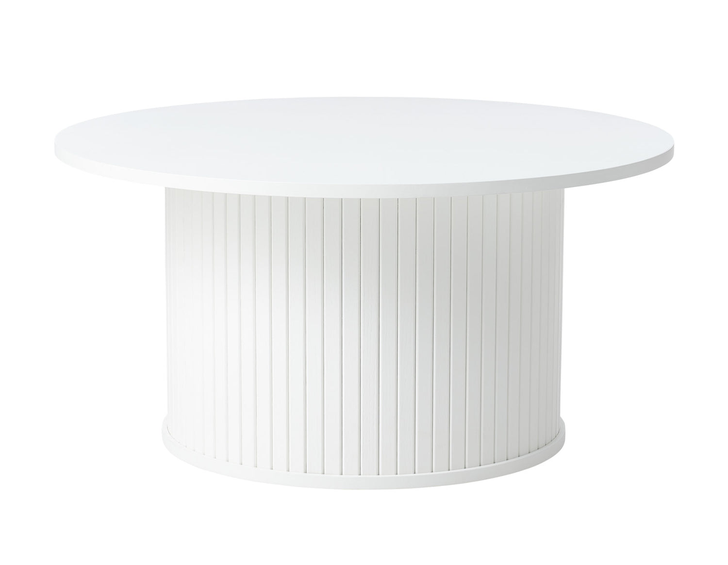 Nola-sohvapöytä valkoisena. Pöytälevyn halkaisija 90 cm.