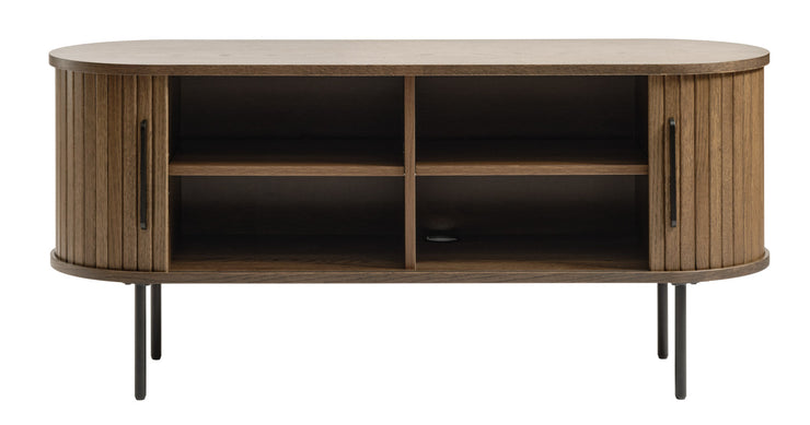 Ovaalinmuotoinen Nola-tv-taso 120 cm, savutammenvärinen. Tasossa on mustat metalliset vetimet liukuovissa ja mustat säädettävät metallijalat.