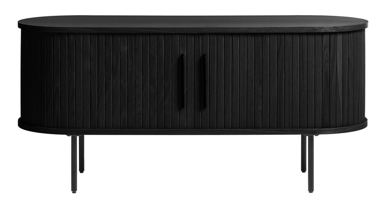 Ovaalinmuotoinen Nola-tv-taso 120 cm, kokomusta. Tasossa on mustat metalliset vetimet liukuovissa ja mustat säädettävät metallijalat.