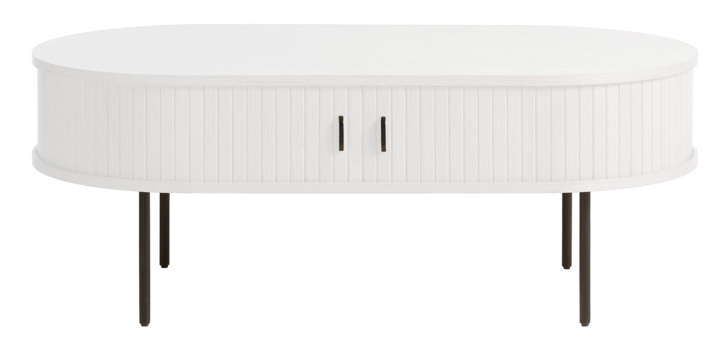 Ovaalinmuotoinen Nola-sohvapöytä 60 x 120 cm, valkoinen. Liukuovissa on mustat metalliset vetimet ja mustat metallijalat ovat säädettävät.
