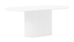 Nola-ruokapöytä, valkoinen. Ruokapöydässä on jykevä jalka, johon panelointi on tuomassa ilmettä.