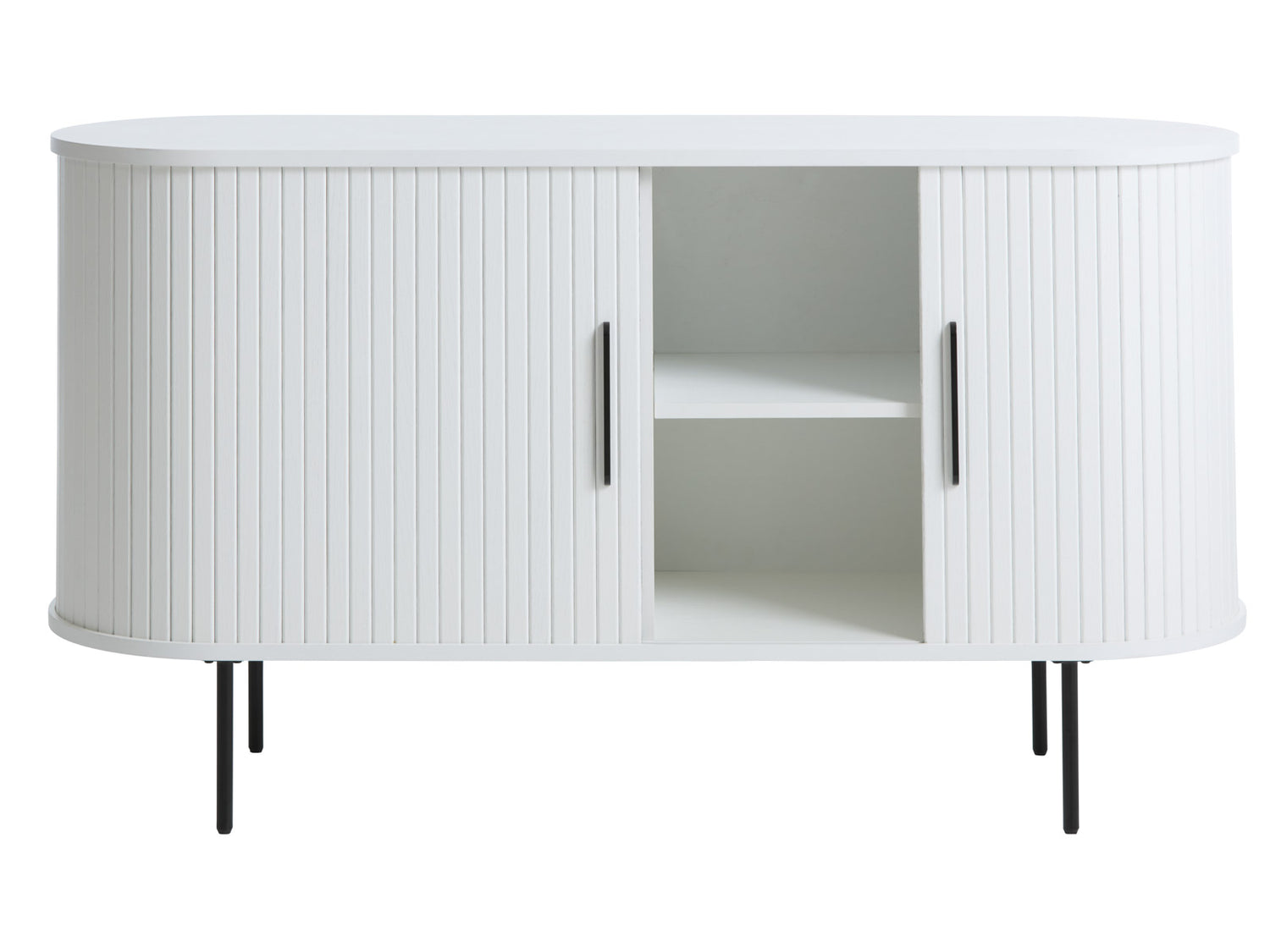 Nola-senkki valkoisena. Liukuovissa on mustat metalliset vetimet ja mustat metallijalat ovat säädettävät.