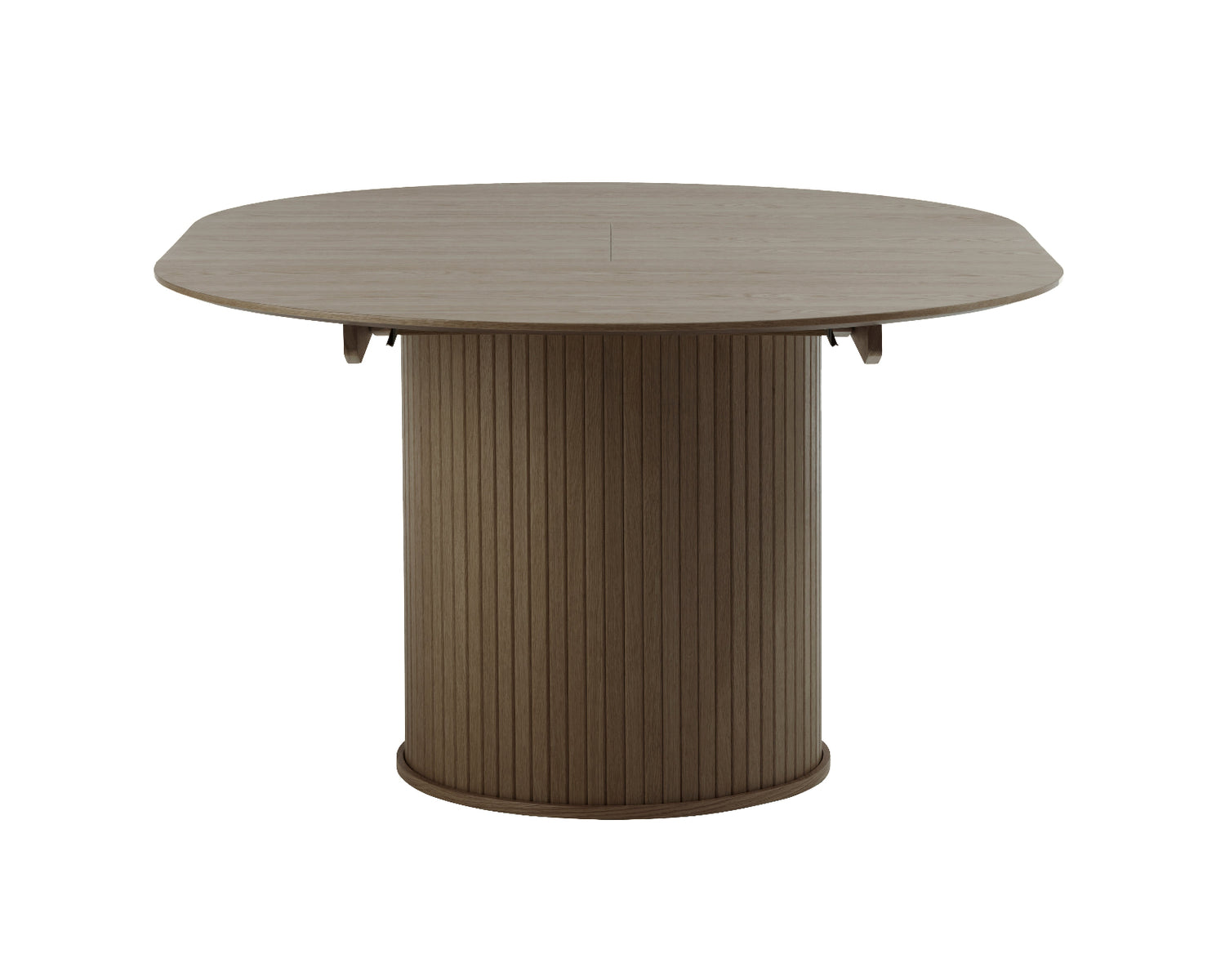 Savutammenvärinen jatkettava Nola-ruokapöytä - pöytälevyn halkaisija 120 cm voidaan jatkaa 167 cm:n pöydän keskeltä saatavilla olevilla jatkoilla.