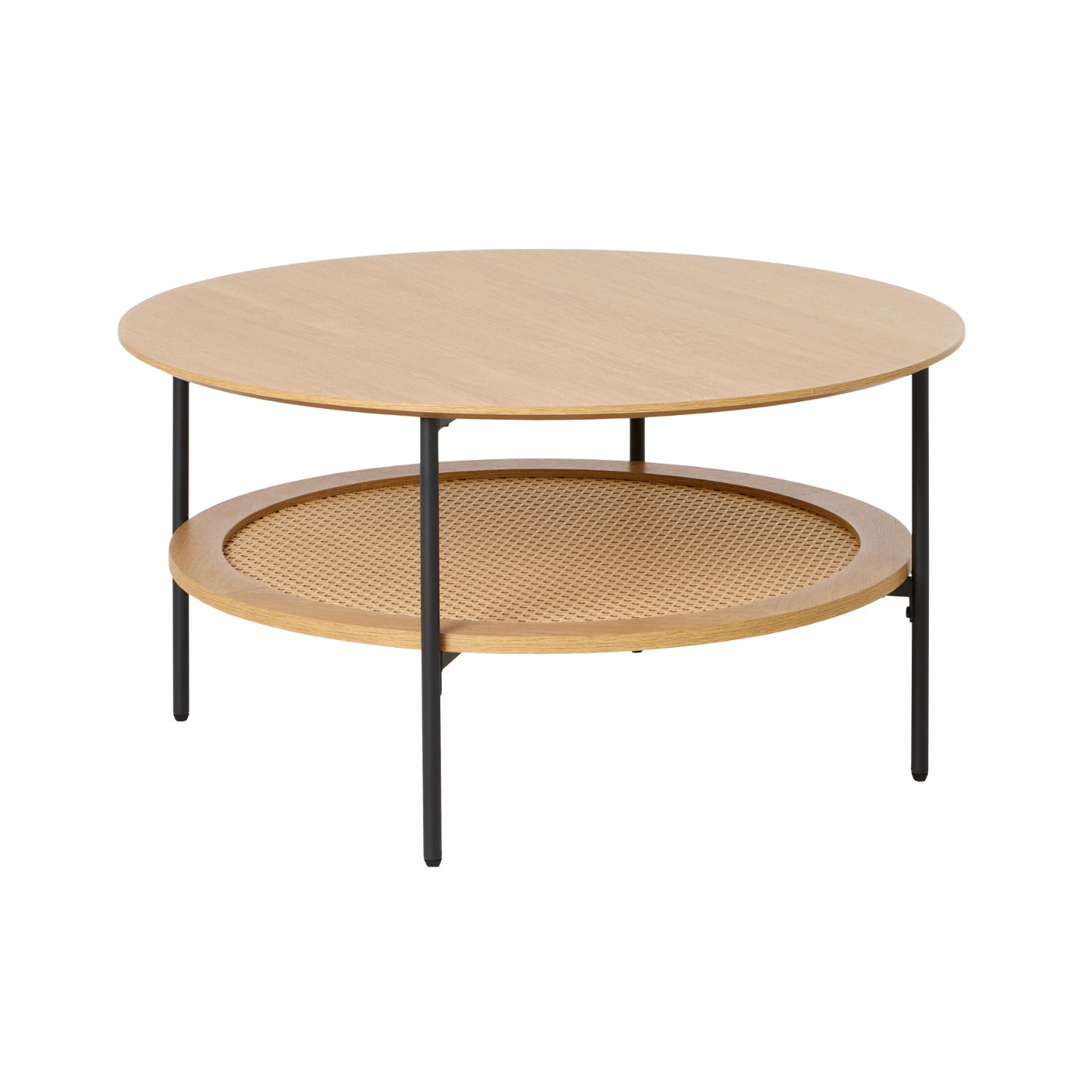 Pensacola-sohvapöytä pyöreä, luonnonvärinen tammi. Sohvapöydän alahyllyssä on koristeena polyrottinki.