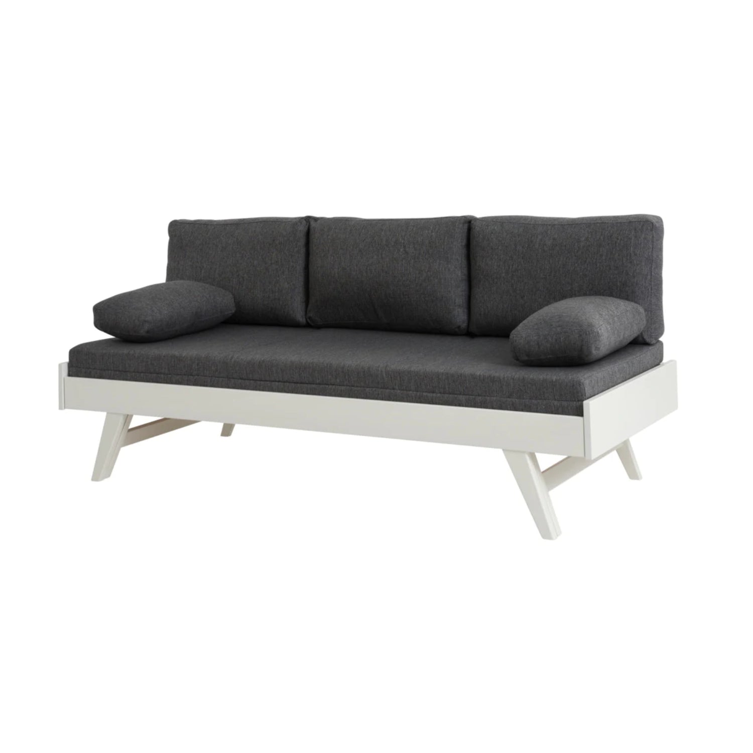 Valkoinen Notte divaani-puusohva harmaalla Levon-taittopatjasarjalla. Vuodesohva on levitettävissä 140 cm leveäksi vuoteeksi. Patjasarja myydään erikseen.