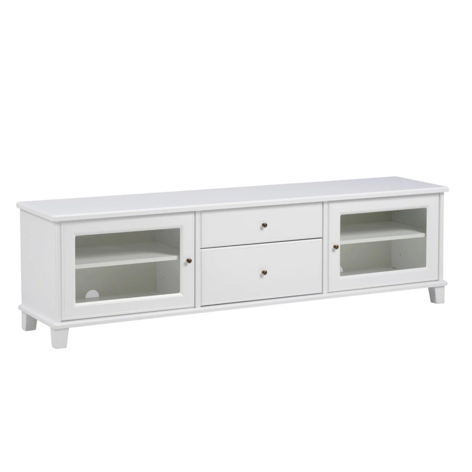 Leveä Aada tv-taso kokonaan valkoisena.