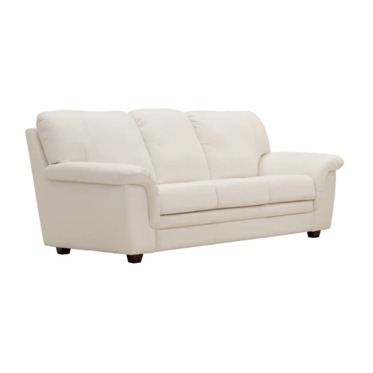 3-istuttavan Ariel-sohvan verhoiluna on Soft Antique -nahka/keinonahka, väri 0000 valkoinen. Sohvan puujalat ovat wengen väriset.