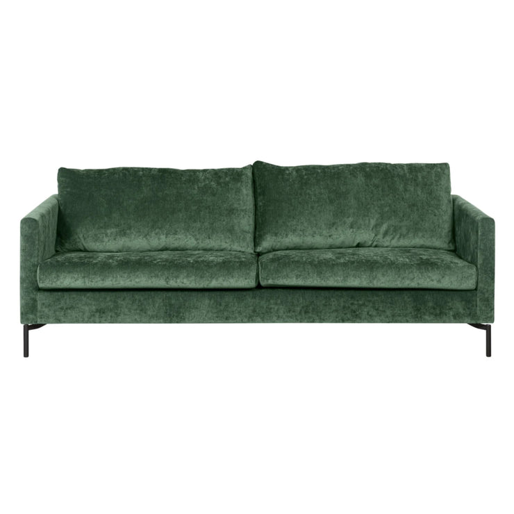 Aulanko-sohva vihreällä Eros 32 -kankaalla ja mustilla metallijaloilla.