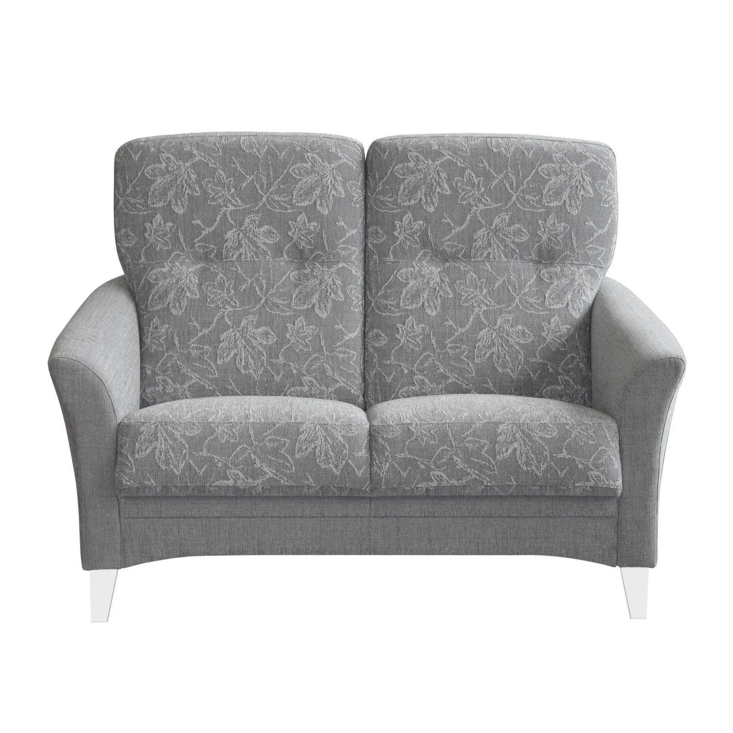 2 hengen Aura-sohva Alksnis -kankaalla - selkä ja istuinosien väri on 77-harmaa ja runko on yksivärinen 17-vaaleanharmaa. Sohvassa on valkoiset puujalat.