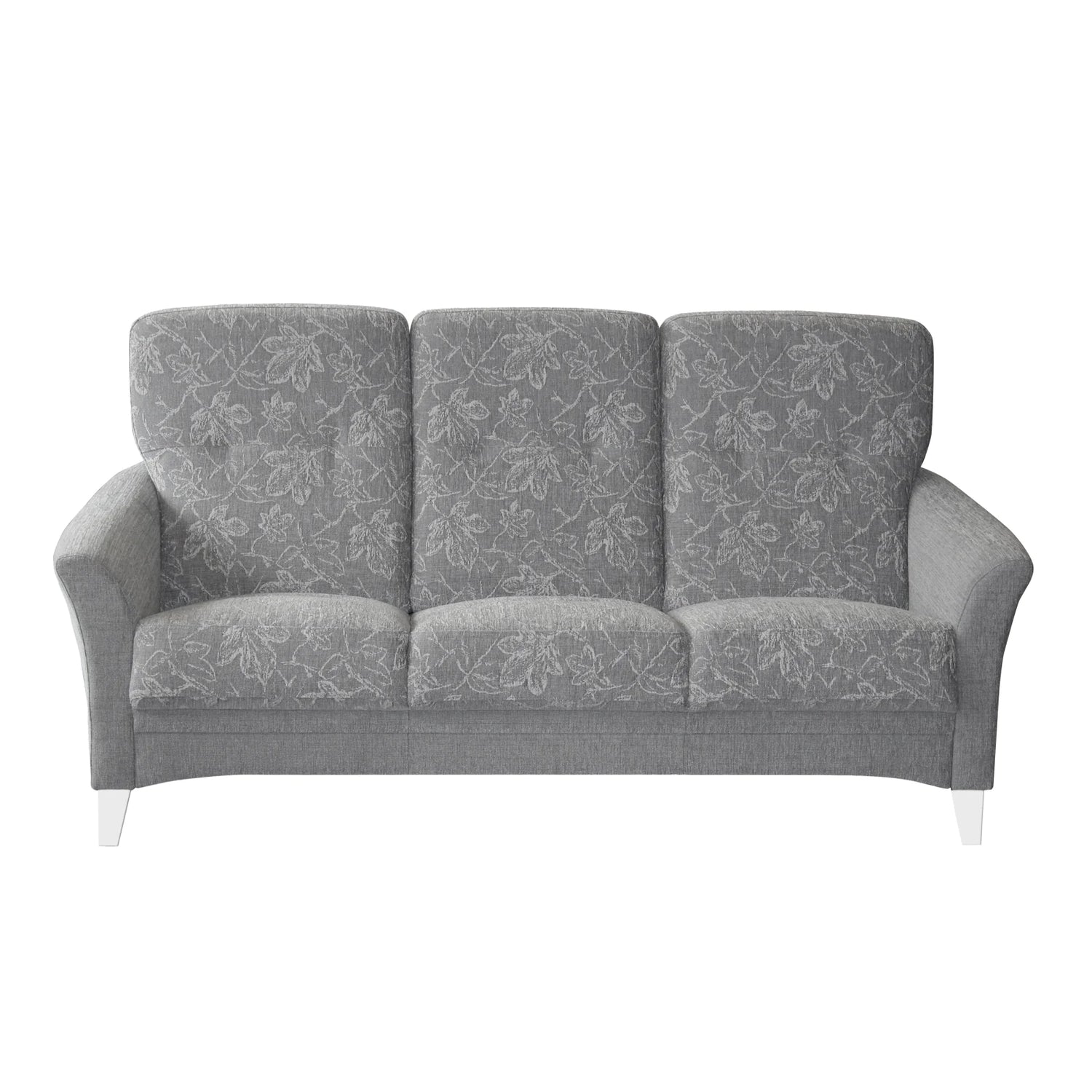 3 hengen Aura-sohva Alksnis -kankaalla - selkä ja istuinosien väri on 77-harmaa ja runko on yksivärinen 17-vaaleanharmaa. Sohvassa on valkoiset puujalat.