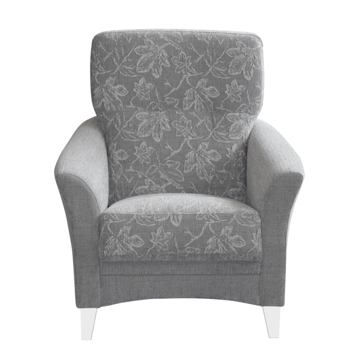 Aura-nojatuoli Alksnis -kankaalla - selkä ja istuinosien väri on 77-harmaa ja runko on yksivärinen 17-vaaleanharmaa. Sohvassa on valkoiset puujalat.