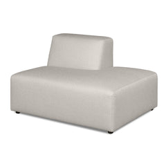 Alma-avopääty. Verhoiltu vaalealla Minco 2 -kankaalla. Mustat muovijalat.