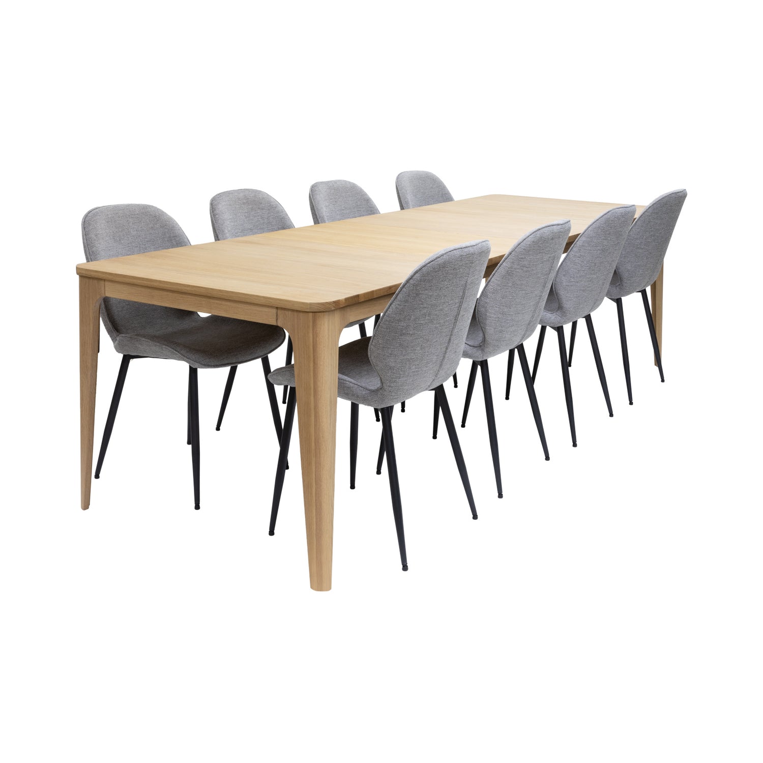 Valkopigmentoitu tammenvärinen Amalfi-ruokapöytä yhdistettynä harmaisiin kangasverhoiltuihin Cordova-tuoleihin. 