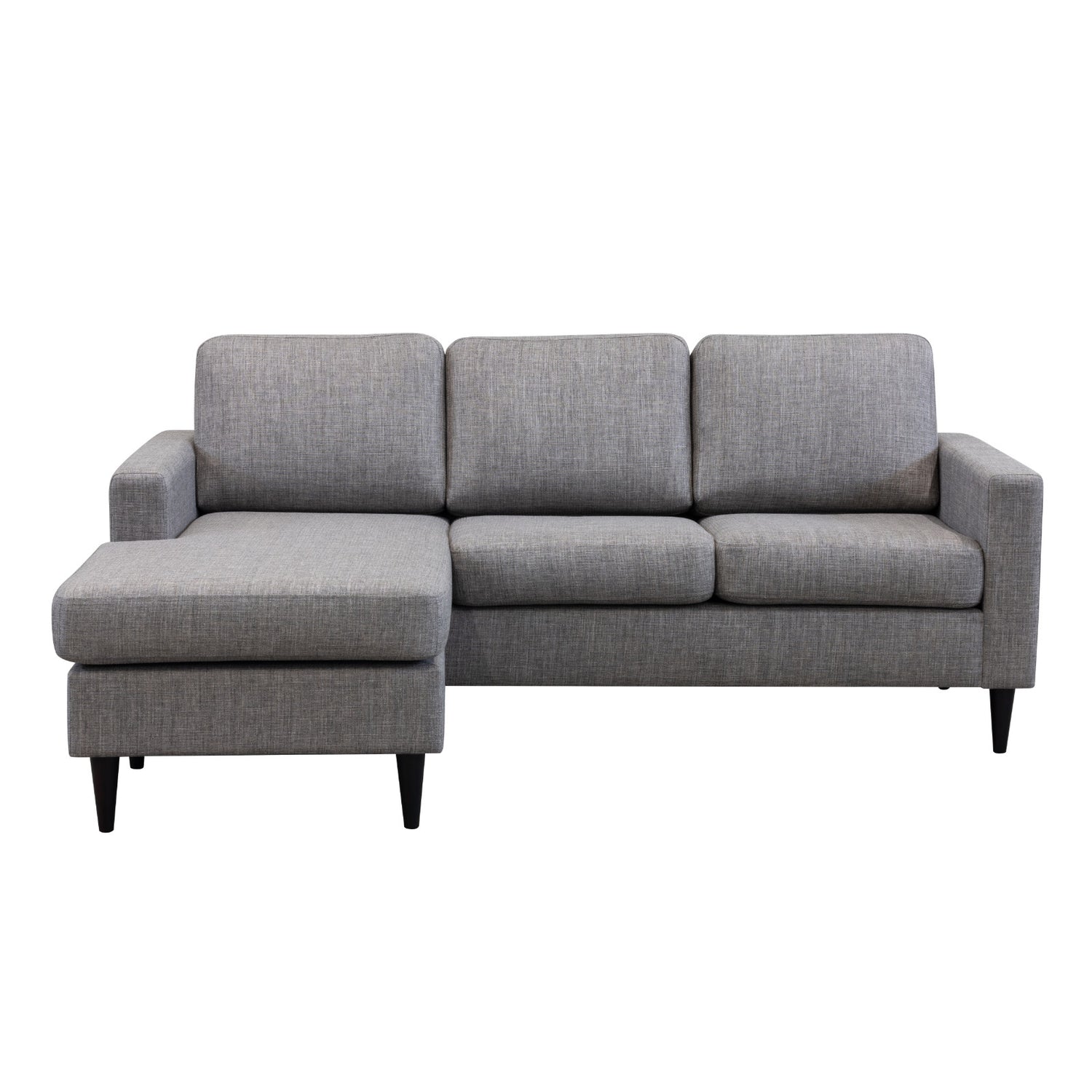 Ancona L 3FS -divaanisohva koottuna vasemmanpuoleisella divaanilla (divaani käännettävissä). Sohva on verhoiltu harmaanruskealla Tuuru Basic 489 -kankaalla ja siinä on mustat puujalat.