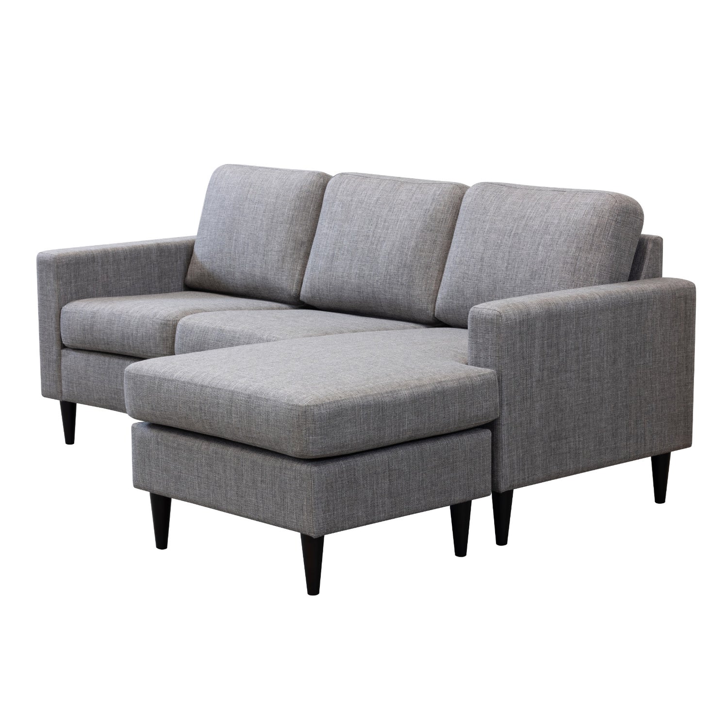 Ancona L 3FS -divaanisohva oikeanpuoleisella divaanilla. Sohva on verhoiltu harmaanruskealla Tuuru Basic 489 -kankaalla ja siinä on mustat puujalat.