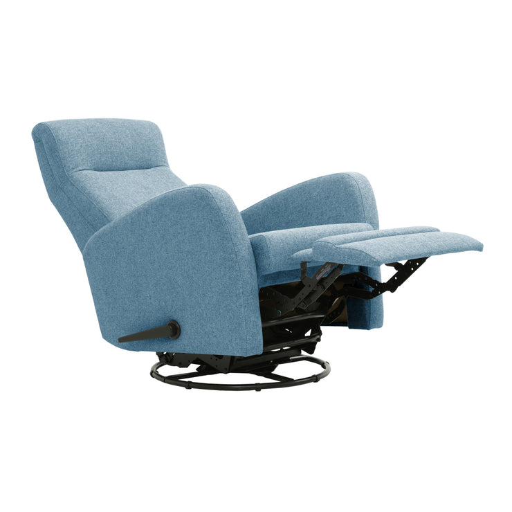 Anton-mekanismituoli sinisellä Cloud 72 -kangasverhoilulla. Kuvassa recliner-tuolin mekanismi on aukaistu kokonaan sivussa olevalla kahvalla. Tuolissa on myös pyörintä- ja keinuntaominaisuus.