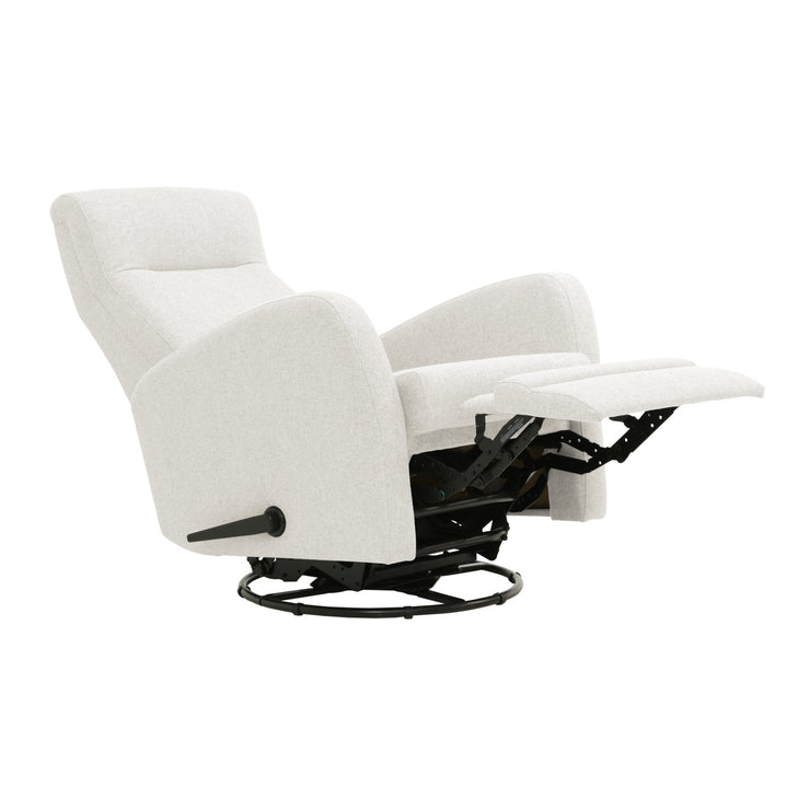 Anton-mekanismituoli valkoisella Oasis 01 -kangasverhoilulla. Kuvassa recliner-tuolin mekanismi on aukaistu sivussa olevalla kahvalla. Tuolissa on myös pyörintä- ja keinuntaominaisuus.