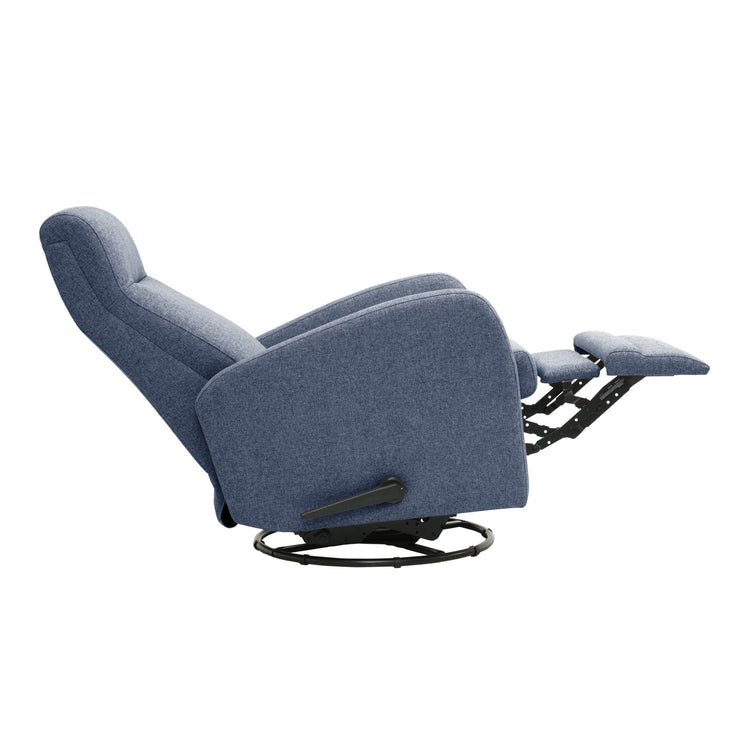 Anton-mekanismituoli sinisellä Oasis 12 -kangasverhoilulla. Kuvassa recliner-tuolin mekanismi on aukaistu sivussa olevalla kahvalla.
