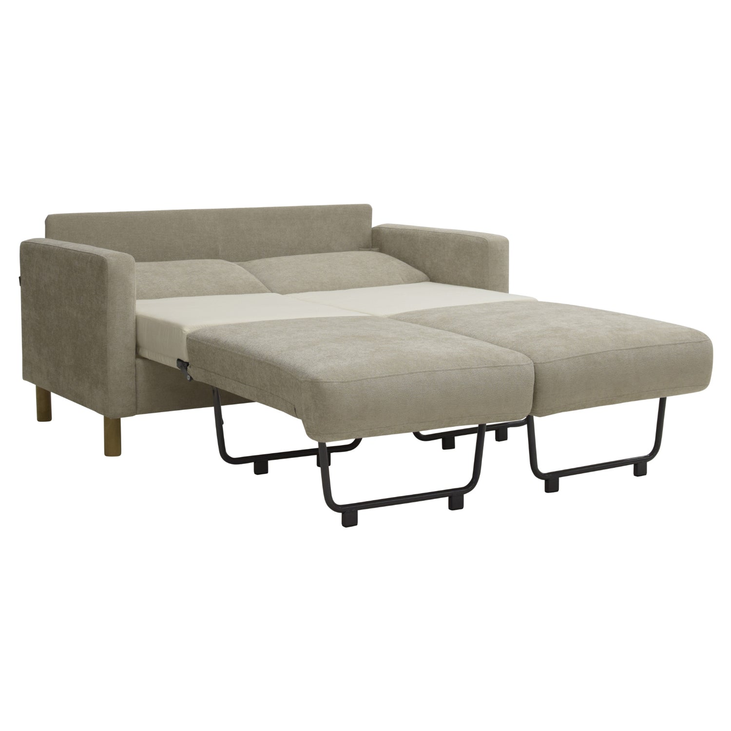 Apila-vuodesohvassa on beige Rice 06 -kangasverhoilu ja pyöreät tammenväriset tolppajalat. Vuodesohva on kätevä vierasvuode yhdelle tai kahdelle nukkujalle. 