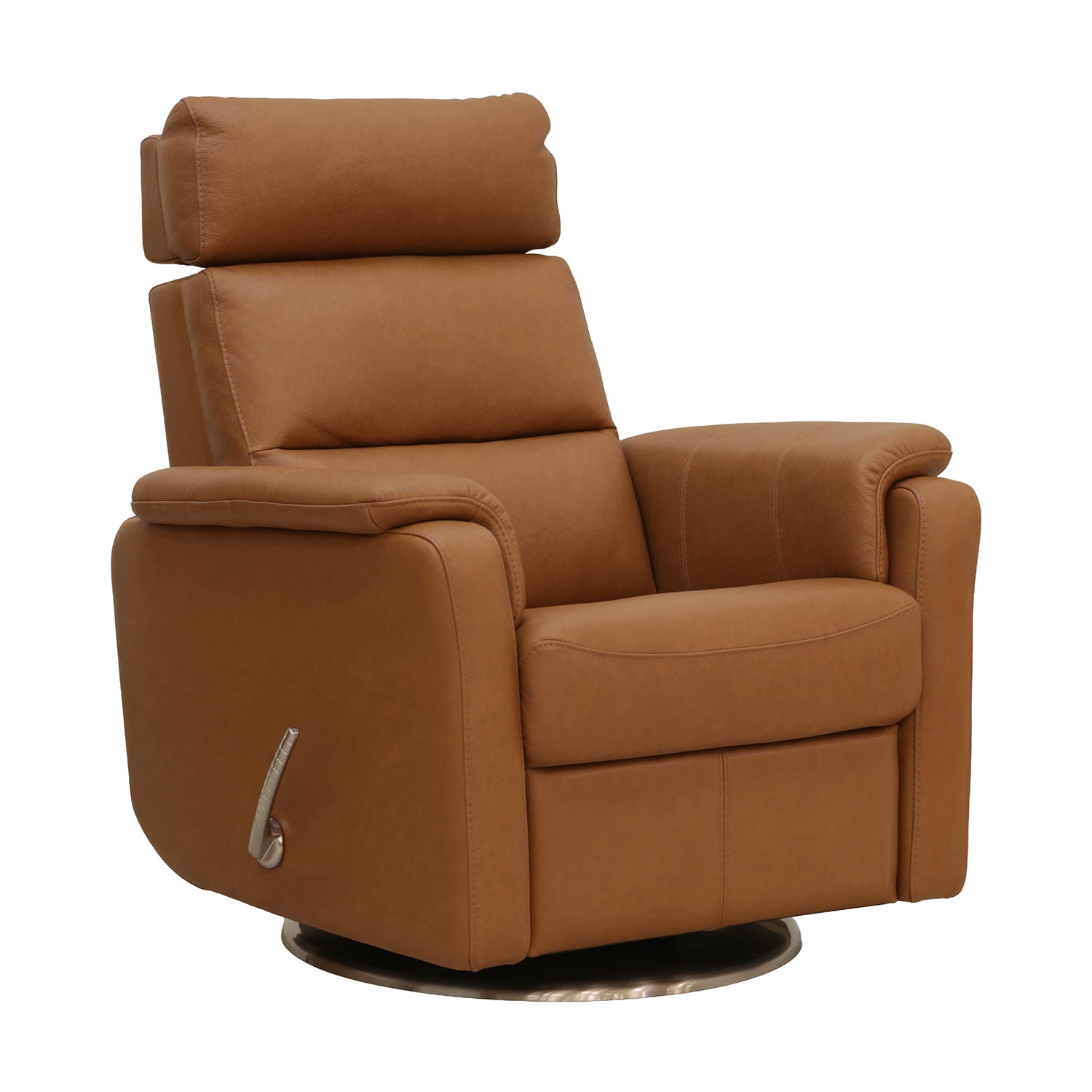 Ruskean Atlanta-reclineri-tuolin verhoiluna on Labrador 03 -nahka/keinonahka. Ergo-niskatuki ja rosterinvärinen mekanismin kahva jsa jalka.