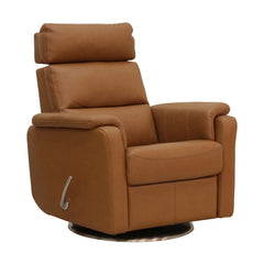 Ruskean Atlanta-reclineri-tuolin verhoiluna on Labrador 03 -nahka/keinonahka. Ergo-niskatuki ja rosterinvärinen mekanismin kahva jsa jalka.