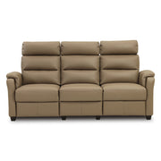 3-istuttavan beigen Atlanta-recliner-sohvan verhoiluna on Labrador 23 -nahka/keinonahka. Mekanismisohvan puujalat ovat wengen väriset.