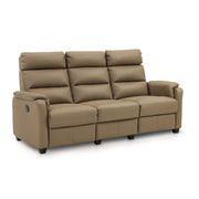 3-istuttavan beigen Atlanta-recliner-sohvan verhoiluna on Labrador 23 -nahka/keinonahka. Mekanismisohvan puujalat ovat wengen väriset.
