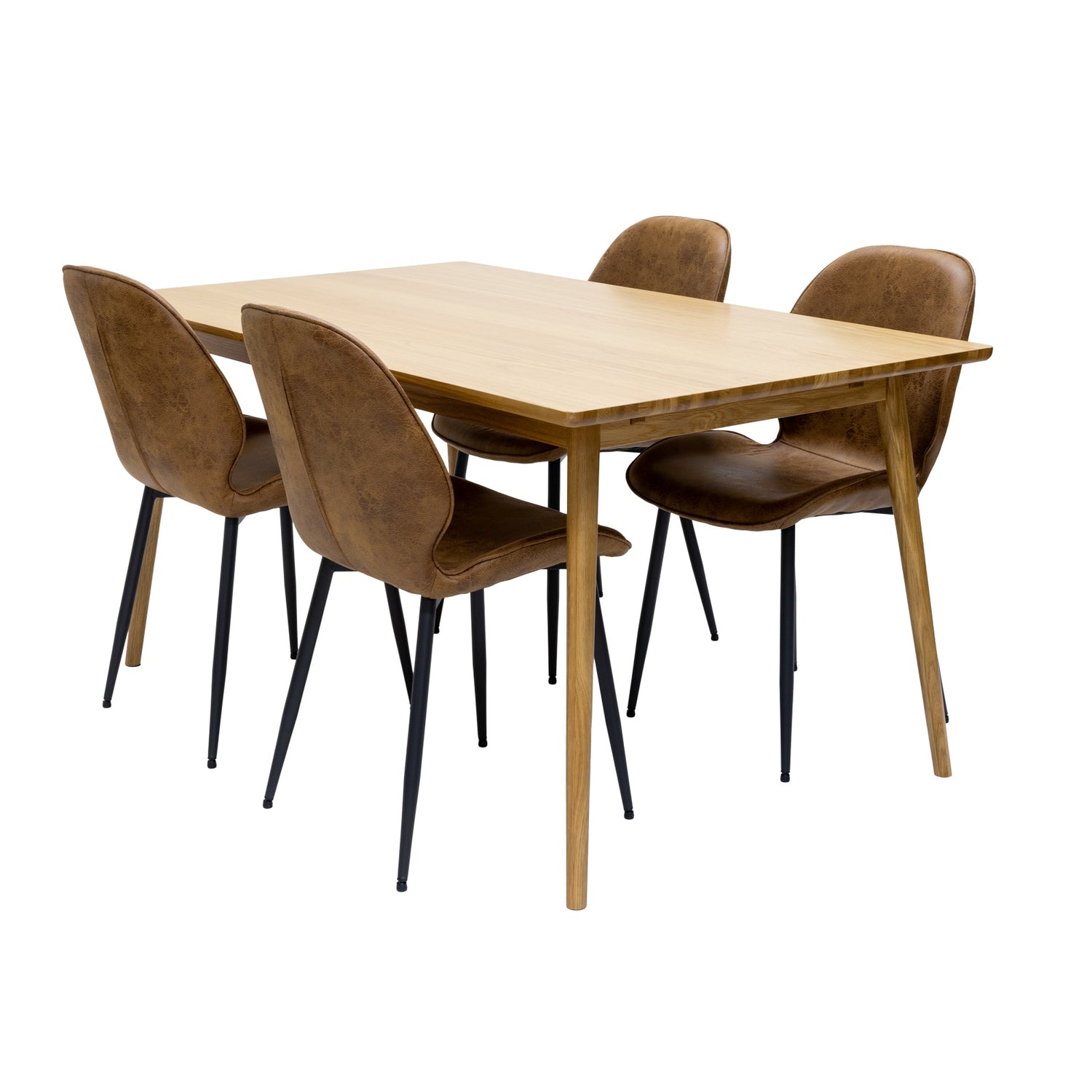 Kuvassa on Barrali-ruokapöytä 150 x 90 cm, luonnonvärinen tammi - yhdistettynä ruskeisiin erikseen myytäviin nahanomaisiin kangasverhoiltuihin Cordova-tuoleihin.