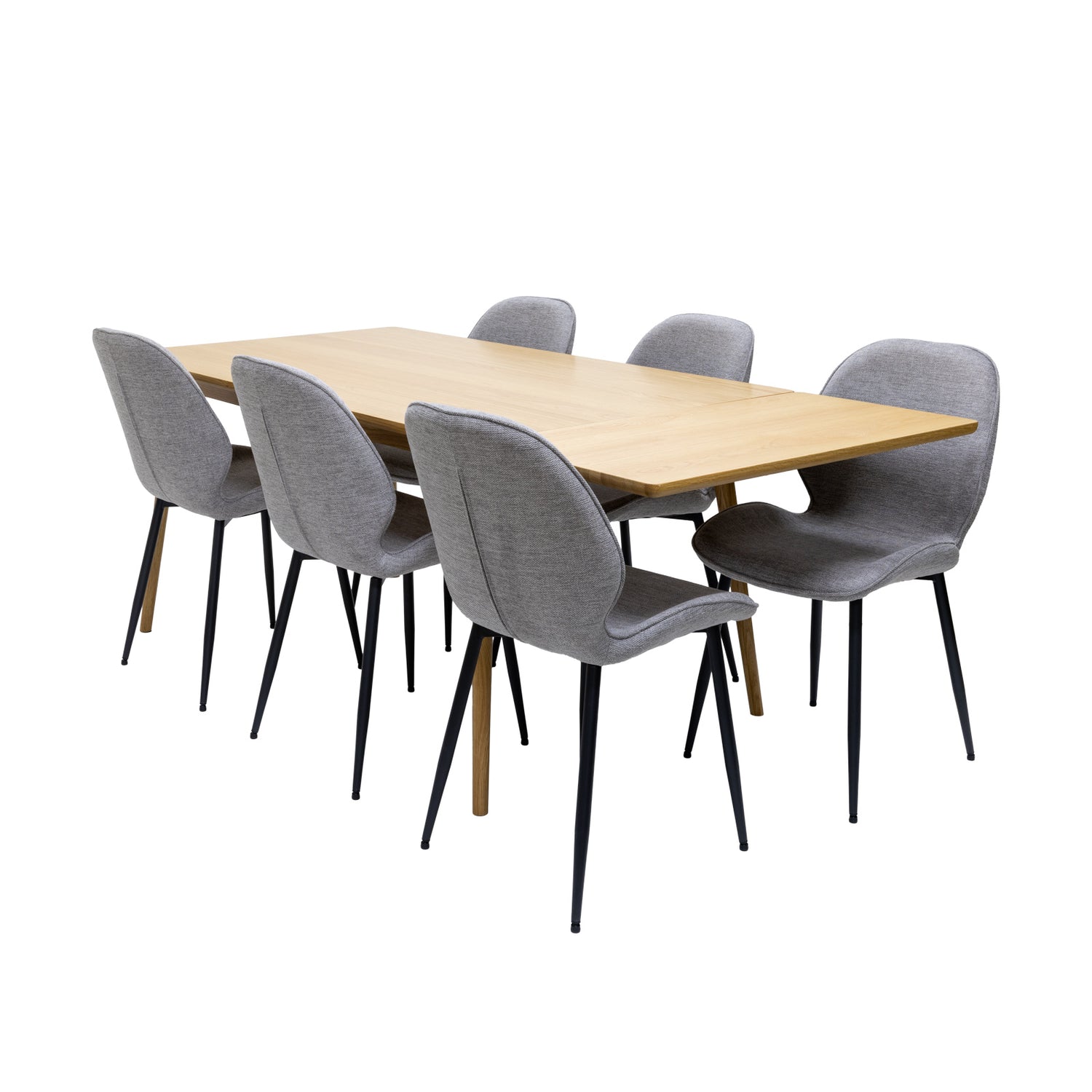 Kuvassa on yhdellä jatkopalalla jatkettu Barrali-ruokapöytä 195 x 90 cm, luonnovärinen tammi - yhdistettynä harmaisiin erikseen myytäviin kangasverhoiltuihin Cordova-tuoleihin.