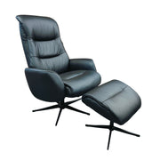 Kokomusta Milla-recliner ja rahi mustalla alumiinijalalla. Pyörivässä tv-tuolissa on manuaaliset recliner-toiminnot.