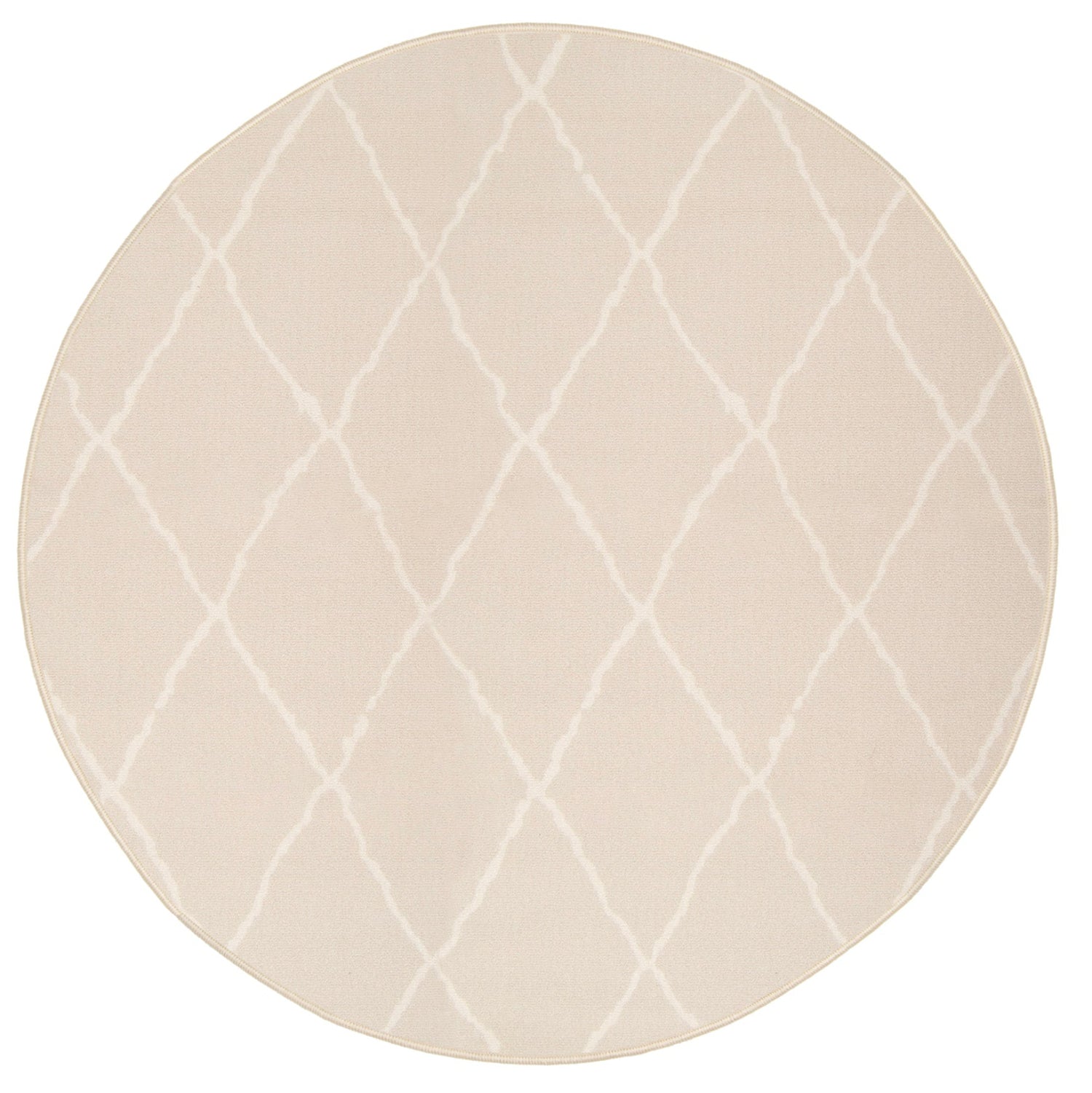 Bukleepintainen Carlos-matto pyöreänä, beige valkoisilla salmiakkikuvioilla.