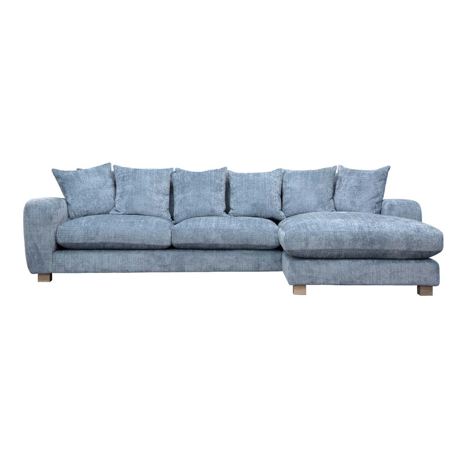 Delight divaanisohva oikeanpuoleisella divaanilla - verhoiltuna siniharmaalla Santiago Thawing -kankaalla. Tammenväriset puujalat.