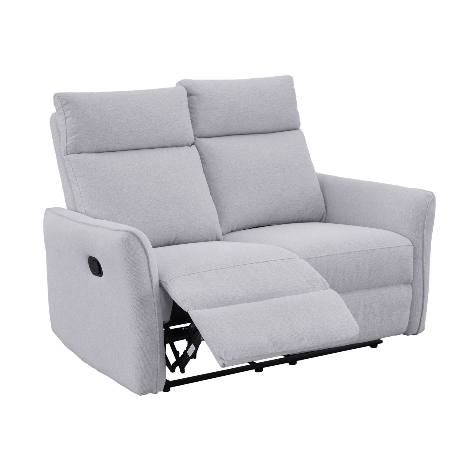 2-istuttava Dover-mekanismisohva harmaalla kangasverhoilulla. Recliner-sohvan päätyjen jalkarahit nousevat ylös ja selkänojat saa laskettua taakse. 