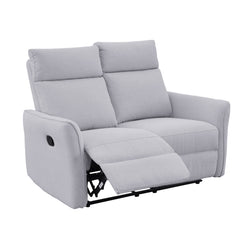 2-istuttava Dover-mekanismisohva harmaalla kangasverhoilulla. Recliner-sohvan päätyjen jalkarahit nousevat ylös ja selkänojat saa laskettua taakse. 