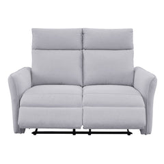 2-istuttava Dover-mekanismisohva harmaalla kangasverhoilulla. Recliner-sohvan päätyjen jalkarahit nousevat ylös ja selkänojat saa laskettua taakse. 