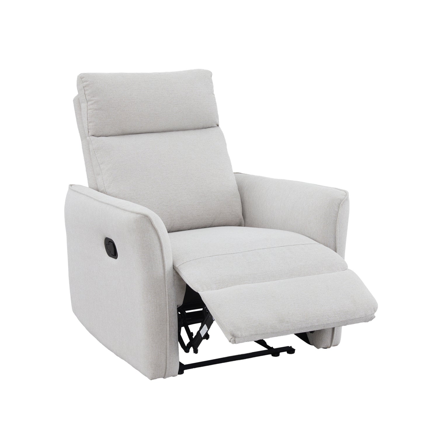 Dover-mekanismituoli beigellä kangasverhoilulla. Reclinertuolin jalkarahi nousee ylös ja selkänojan saa laskettua taakse. 