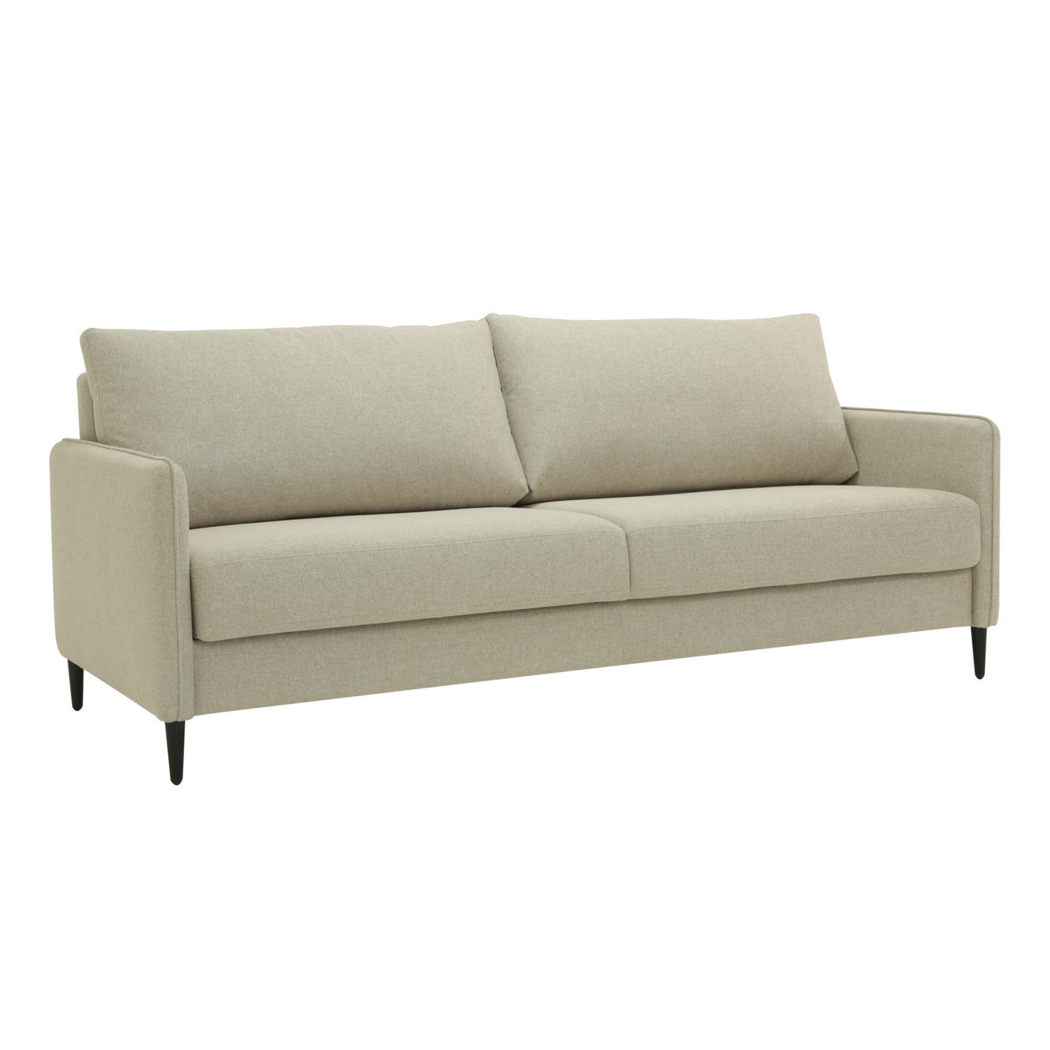 Duo Plus -vuodesohva beigenvärisellä Austin 02 -kangasverhoilulla ja wengen värisillä puujaloilla.