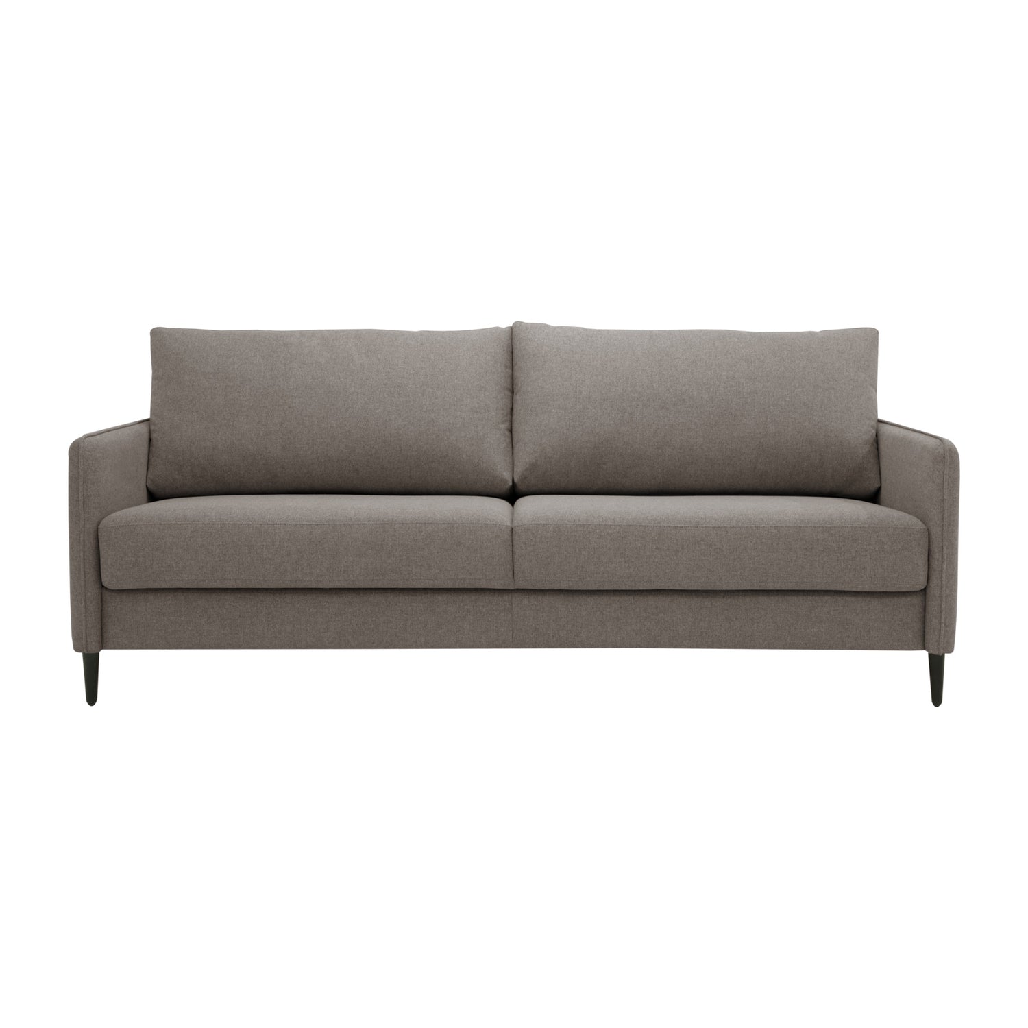 Duo Plus -vuodesohva harmaanruskealla Austin 04 -kangasverhoilulla ja wengen värisillä puujaloilla.