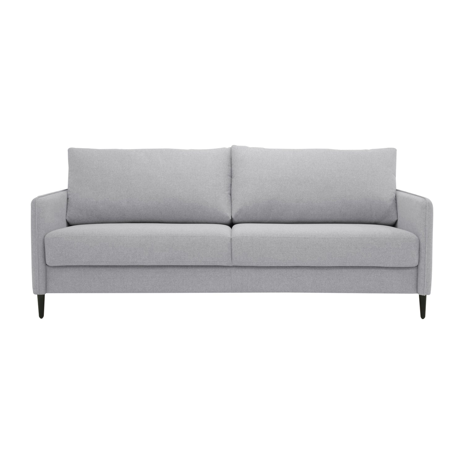 Duo Plus -vuodesohva vaaleanharmaalla Austin 18 -kangasverhoilulla ja wengen värisillä puujaloilla.