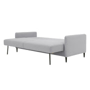 Kuvassa on Duo Plus -vuodesohva levitettynä vuoteeksi (mekanismissa mustat metalliset jalat). Verhoiluna on vaaleanharmaa Austin 18 -kangasverhoilu ja sohvassa on wengen väriset puujalat.