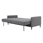 Kuvassa on Duo Plus -vuodesohva levitettynä vuoteeksi (mekanismissa mustat metalliset jalat). Verhoiluna on tummanharmaa Austin 19 -kangasverhoilu ja sohvassa on wengen väriset puujalat.