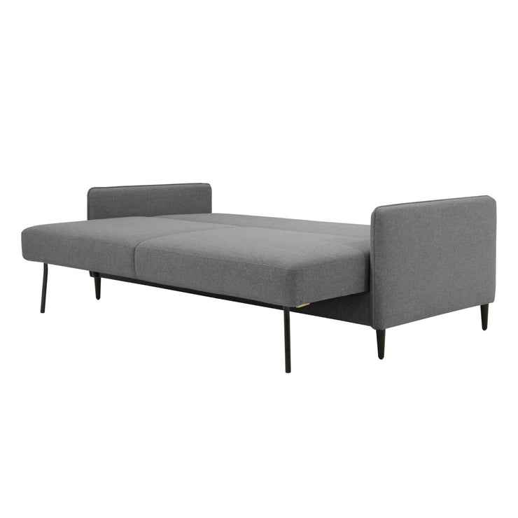 Kuvassa on Duo Plus -vuodesohva levitettynä vuoteeksi (mekanismissa mustat metalliset jalat). Verhoiluna on tummanharmaa Austin 19 -kangasverhoilu ja sohvassa on wengen väriset puujalat.