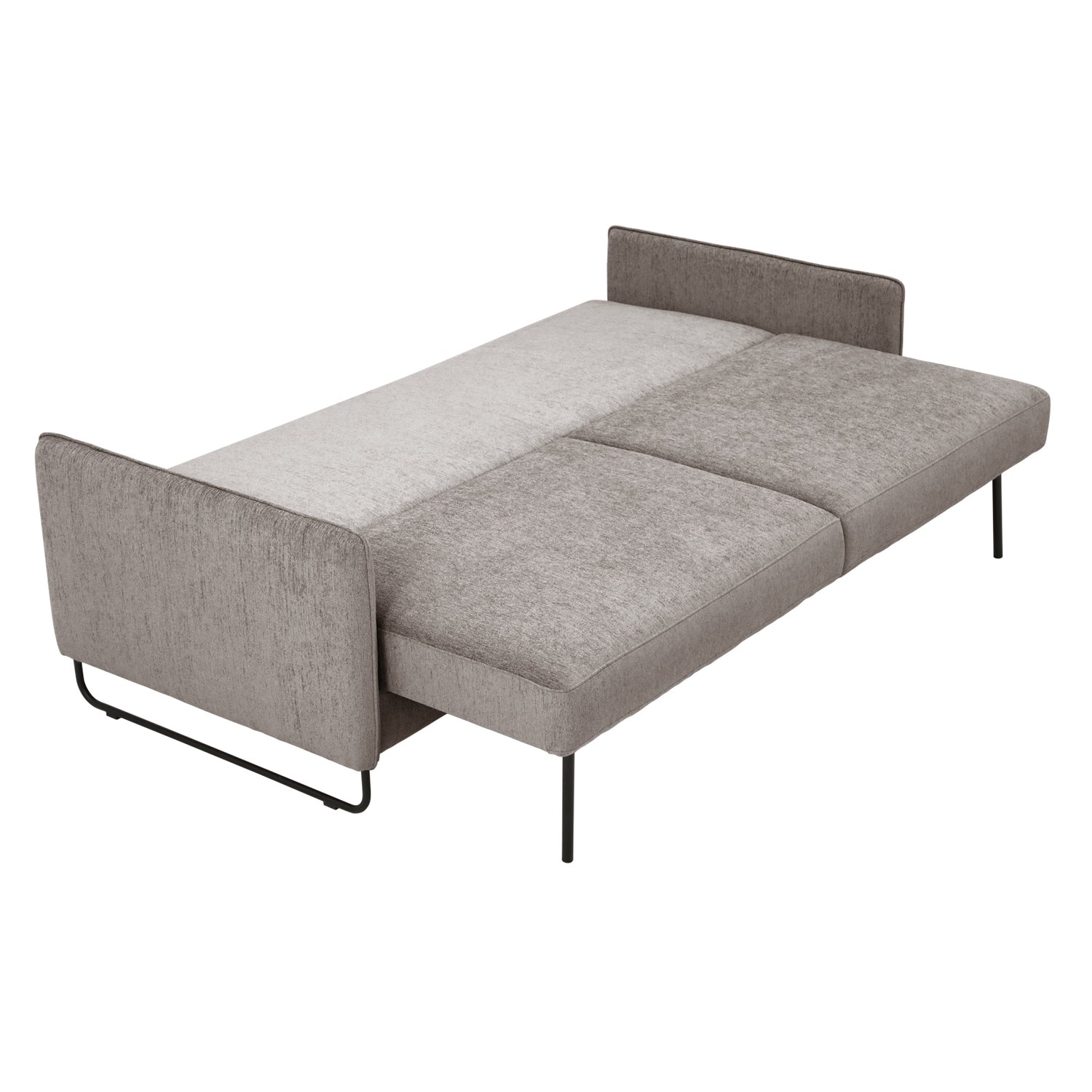 Kuvassa on Duo Plus -vuodesohva levitettynä vuoteeksi (mekanismissa mustat suorat metalliset jalat). Verhoiluna on harmaa AC Madras 13 -kangasverhoilu ja sohvassa on mustat metalliset kelkkajalat.