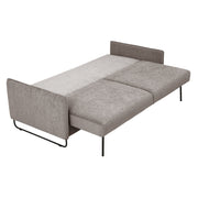 Kuvassa on Duo Plus -vuodesohva levitettynä vuoteeksi (mekanismissa mustat suorat metalliset jalat). Verhoiluna on harmaa AC Madras 13 -kangasverhoilu ja sohvassa on mustat metalliset kelkkajalat.