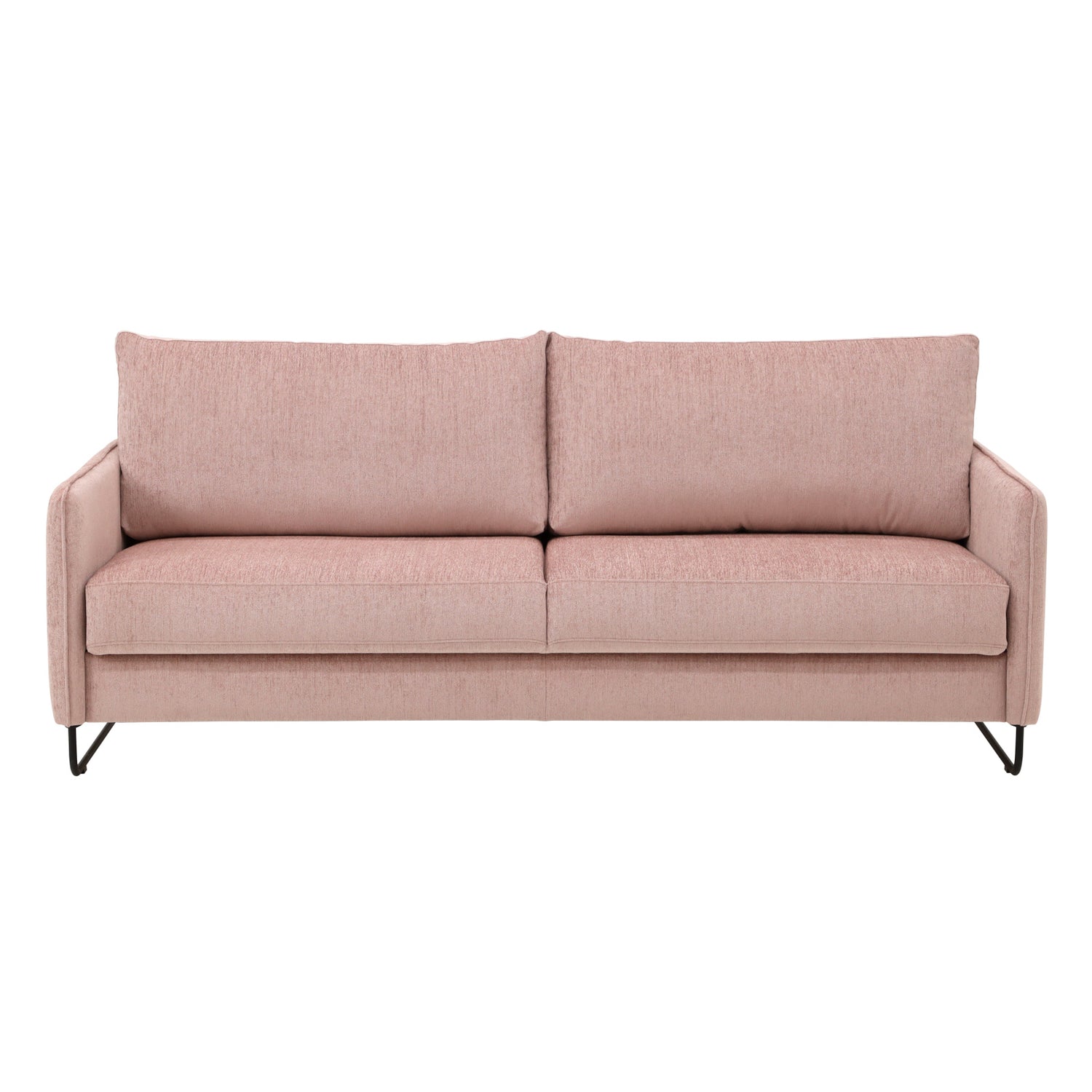 Duo Plus -vuodesohva roosanvärisellä Madras 503 -kangasverhoilulla ja mustilla metallijaloilla.
