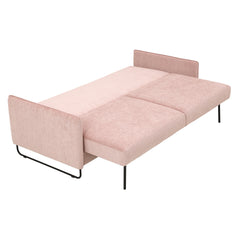 Kuvassa on Duo Plus -vuodesohva levitettynä vuoteeksi (mekanismissa mustat suorat metalliset jalat). Verhoiluna on roosa Madras 503 -kangasverhoilu ja sohvassa on mustat metalliset kelkkajalat.