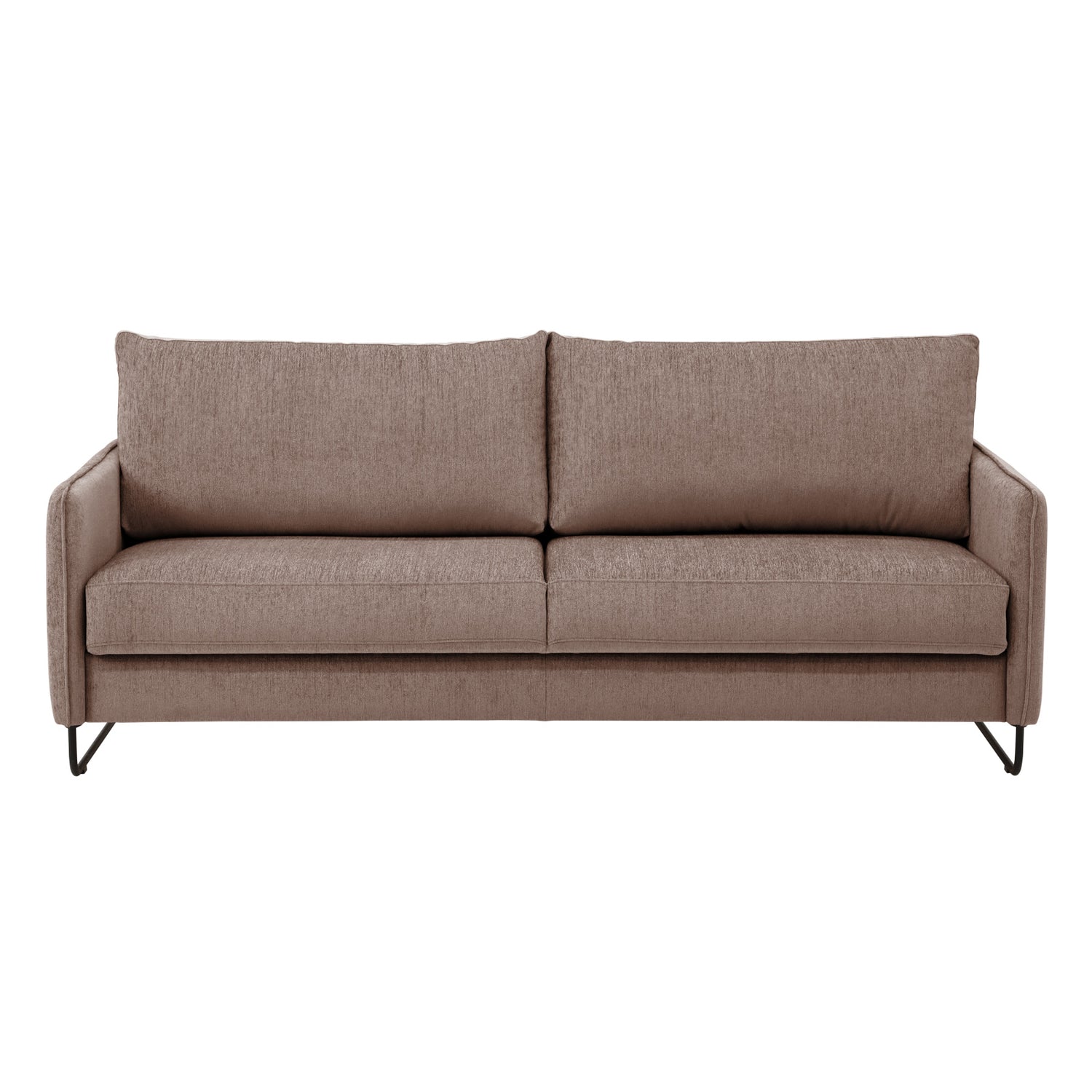 Duo Plus -vuodesohva ruskenharmaalla Madras 80 -kangasverhoilulla ja mustilla metallijaloilla.